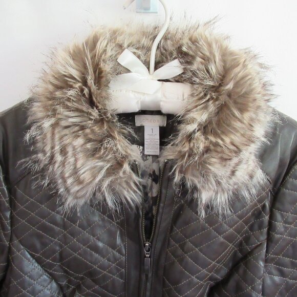Chico's brown faux leather/fur collar zip front long sleeve jacket *Sz 1(M)* - Picture 2 of 7
